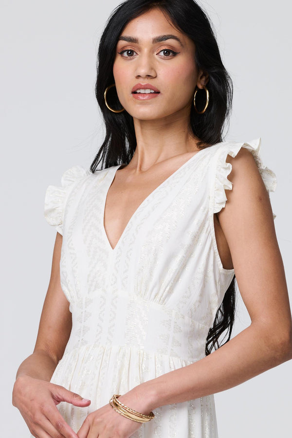 White | Metallic Detail Frill Cap Sleeve Maxi Dress