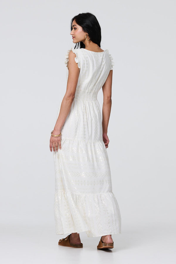 White | Metallic Detail Frill Cap Sleeve Maxi Dress