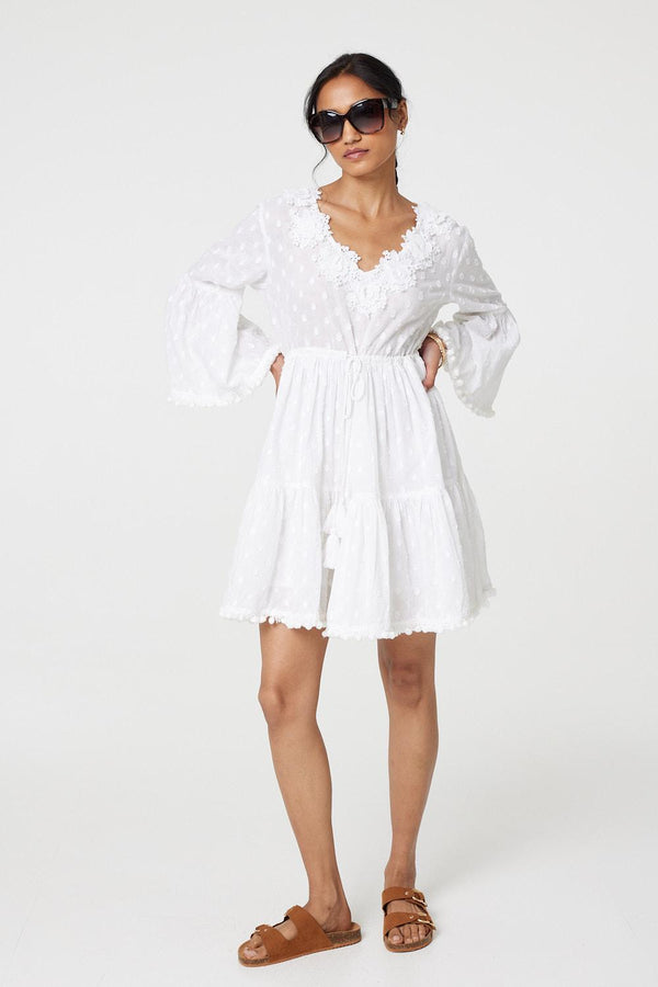 White | Floral Lace Flare Sleeve Mini Beach Dress