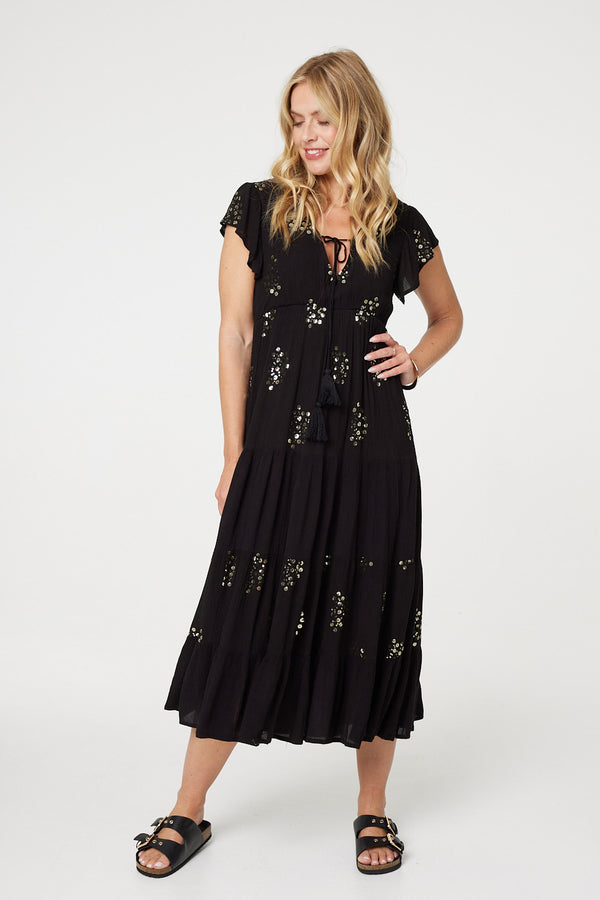 Black | Sequin Detail Tie Neck Relaxed Maxi Dress
