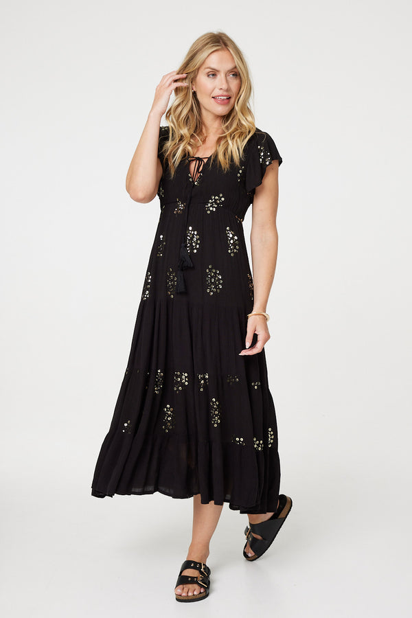 Black | Sequin Detail Tie Neck Relaxed Maxi Dress