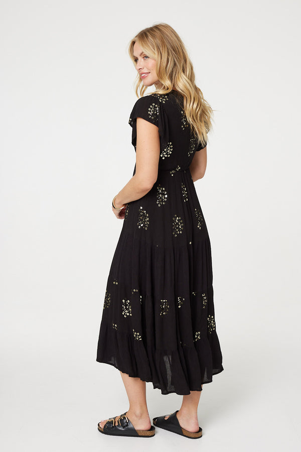 Black | Sequin Detail Tie Neck Relaxed Maxi Dress