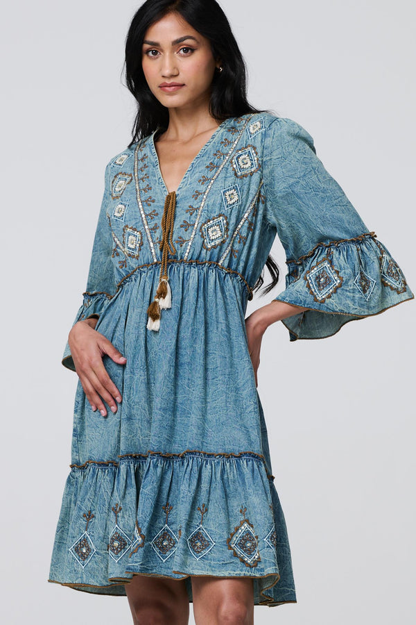 Indigo | Embroidered Tassel Detail Knee Length Dress