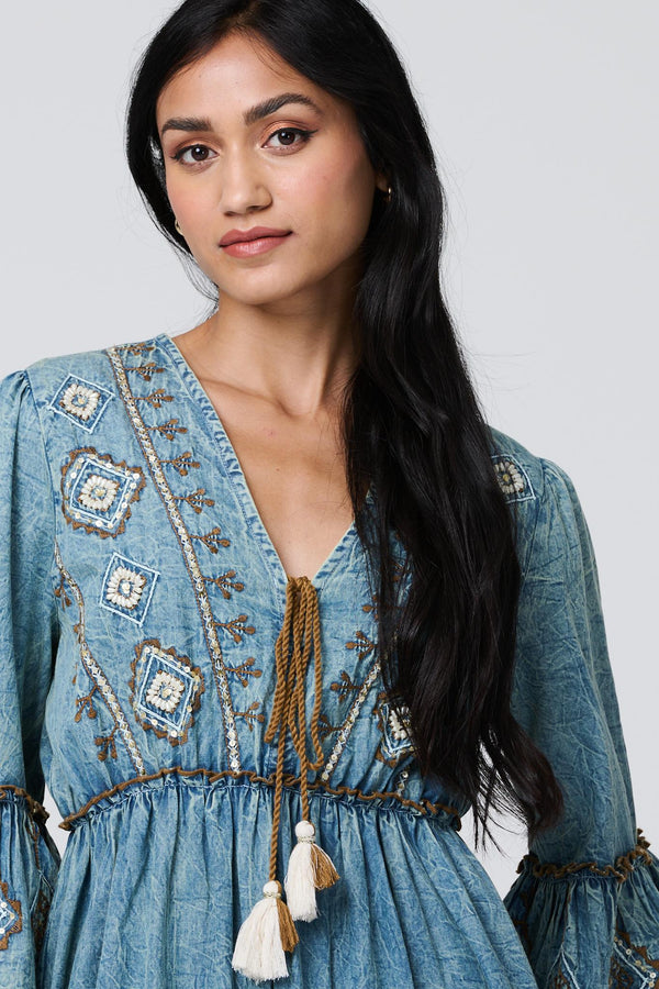 Indigo | Embroidered Tassel Detail Knee Length Dress