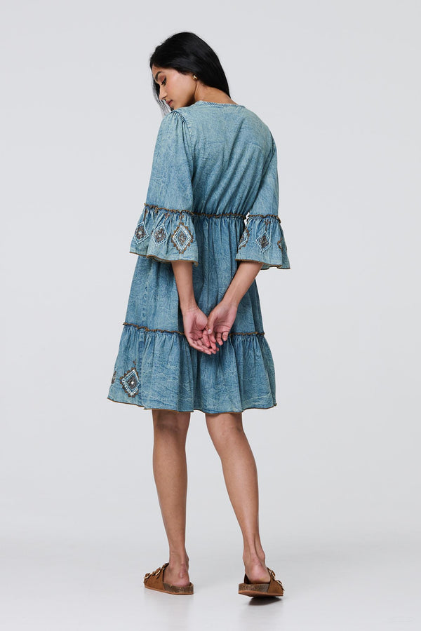 Indigo | Embroidered Tassel Detail Knee Length Dress