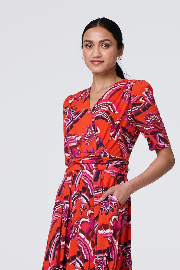 Orange | Tropical Print Faux Wrap Midi Dress