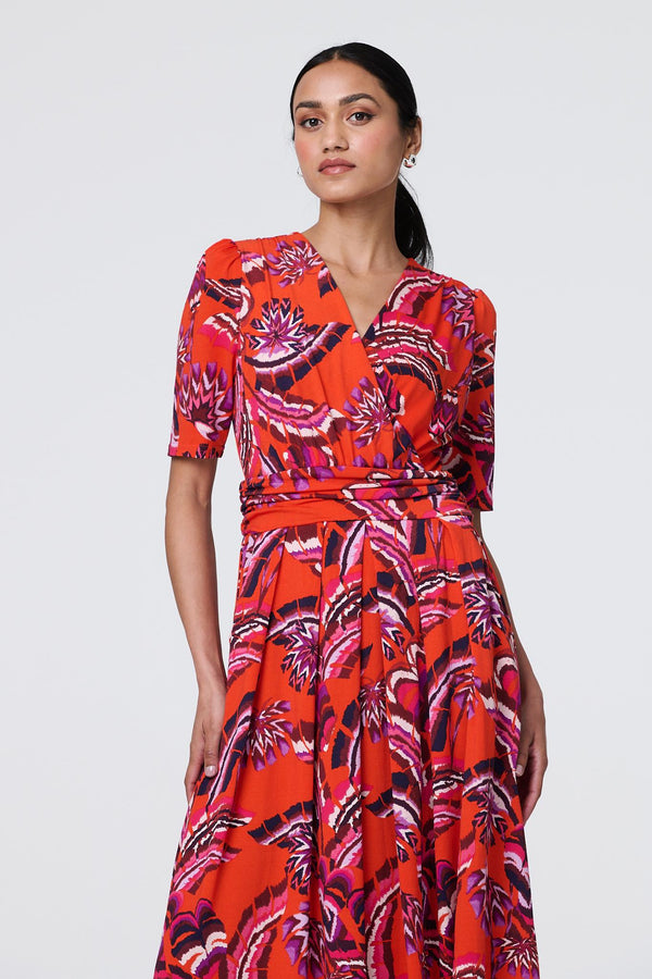 Orange | Tropical Print Faux Wrap Midi Dress