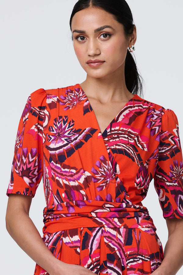 Orange | Tropical Print Faux Wrap Midi Dress