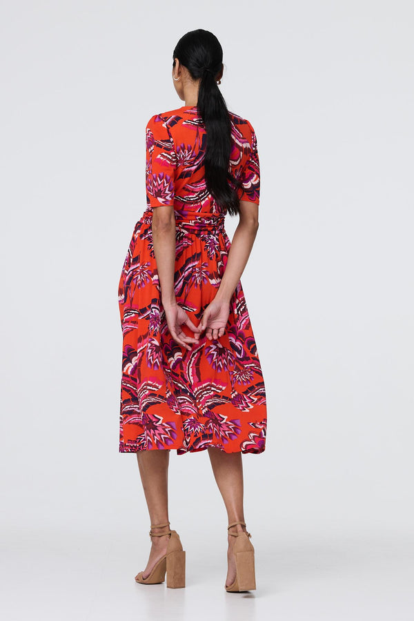 Orange | Tropical Print Faux Wrap Midi Dress