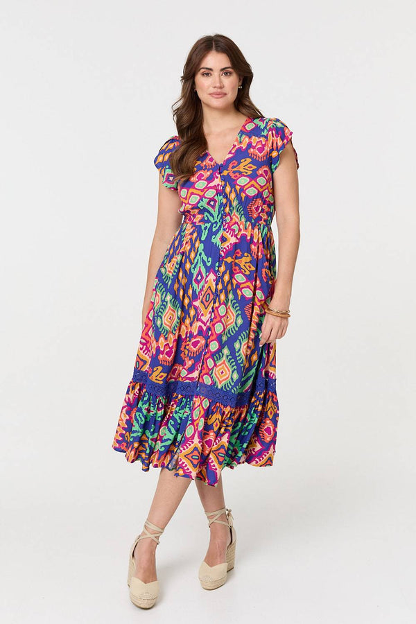 Blue | Ikat Print Lace Trim Midi Smock Dress