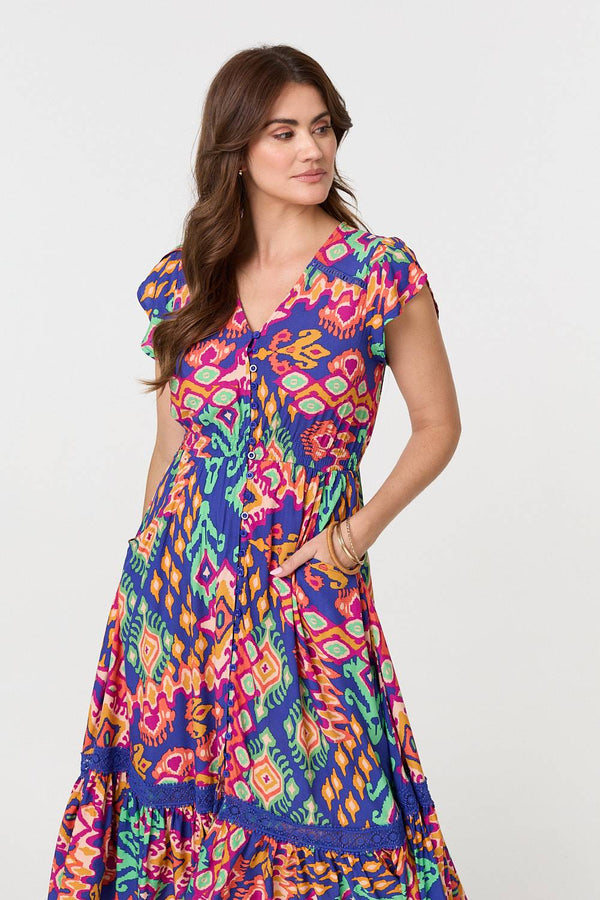 Blue | Ikat Print Lace Trim Midi Smock Dress
