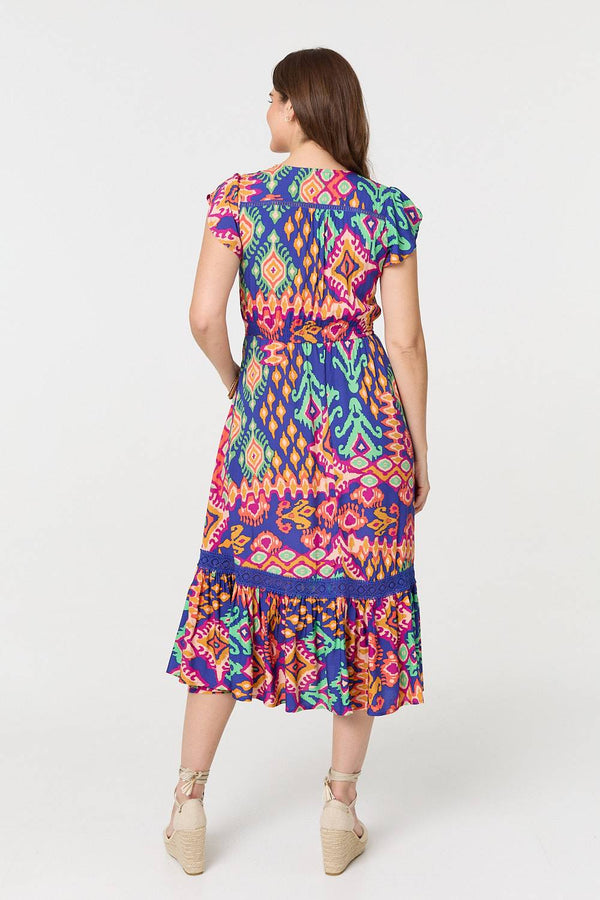 Blue | Ikat Print Lace Trim Midi Smock Dress
