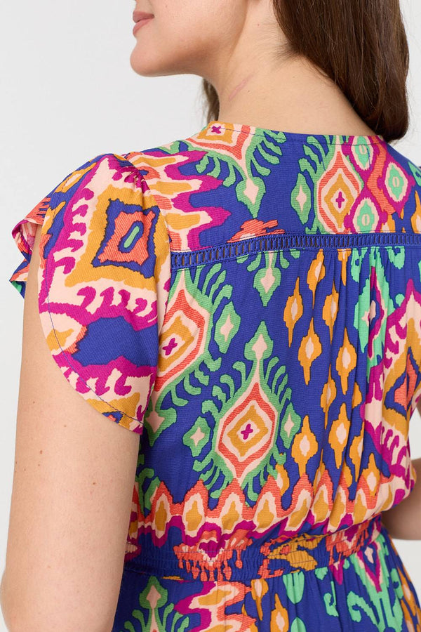 Blue | Ikat Print Lace Trim Midi Smock Dress