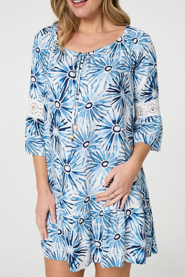 Blue | Floral Lace 3/4 Sleeve Short Shift Dress