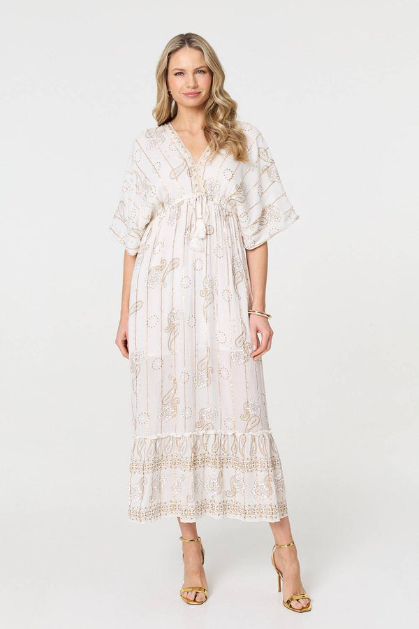 White | Embellished Kimono Sleeve Maxi Dress : Model is 5'10"/178 cm and wears UK10/EU38/US6/AUS10
