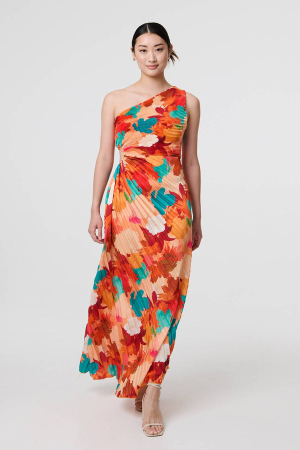 Orange | Floral One-Shoulder Pleated Maxi Dress