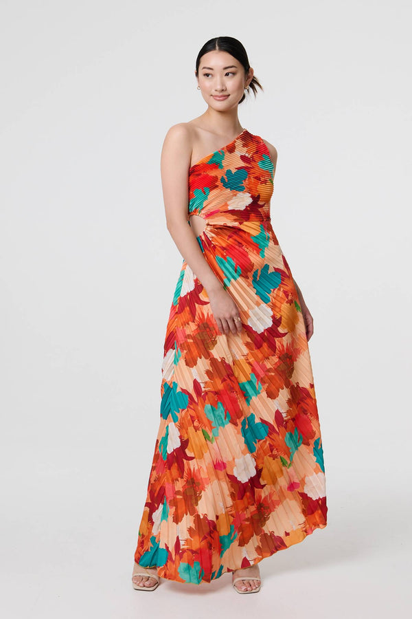 Orange | Floral One-Shoulder Pleated Maxi Dress