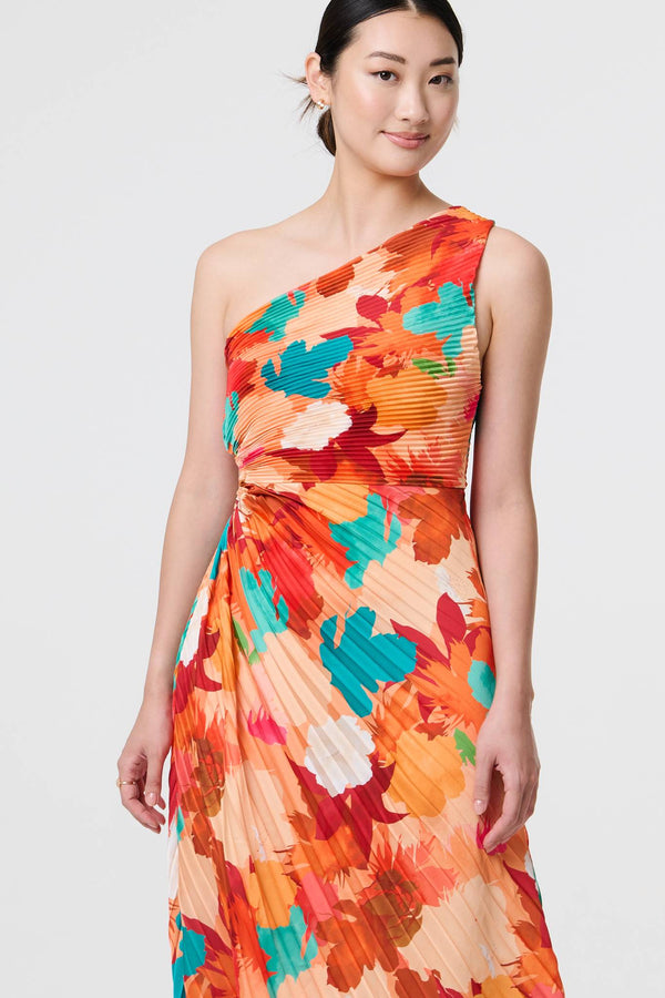 Orange | Floral One-Shoulder Pleated Maxi Dress
