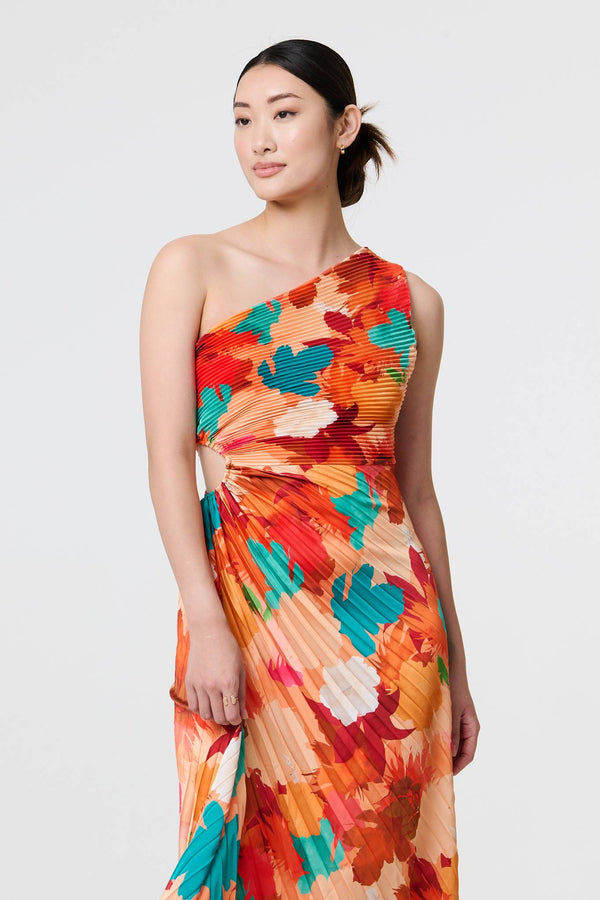 Orange | Floral One-Shoulder Pleated Maxi Dress