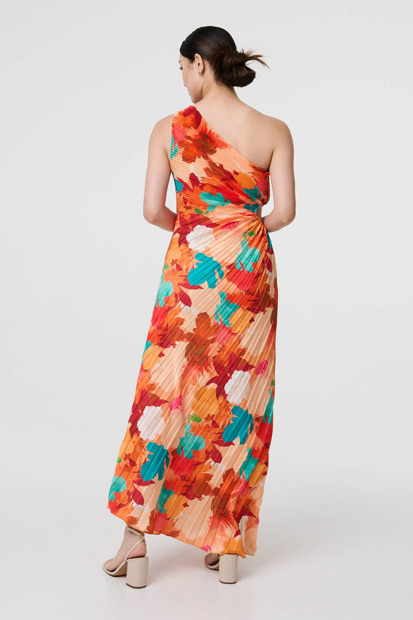 Orange | Floral One-Shoulder Pleated Maxi Dress