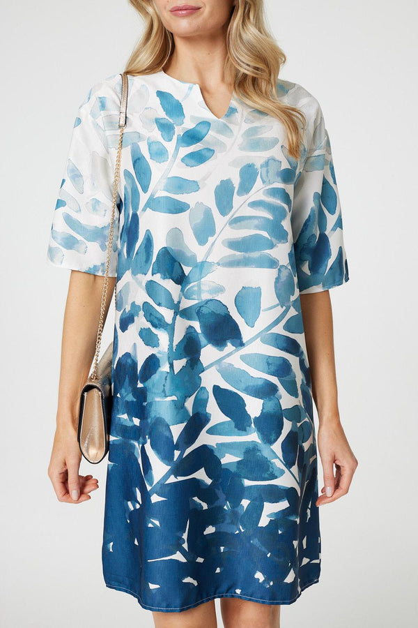 Blue | Leaf Print 3/4 Sleeve Relaxed Shift Dress