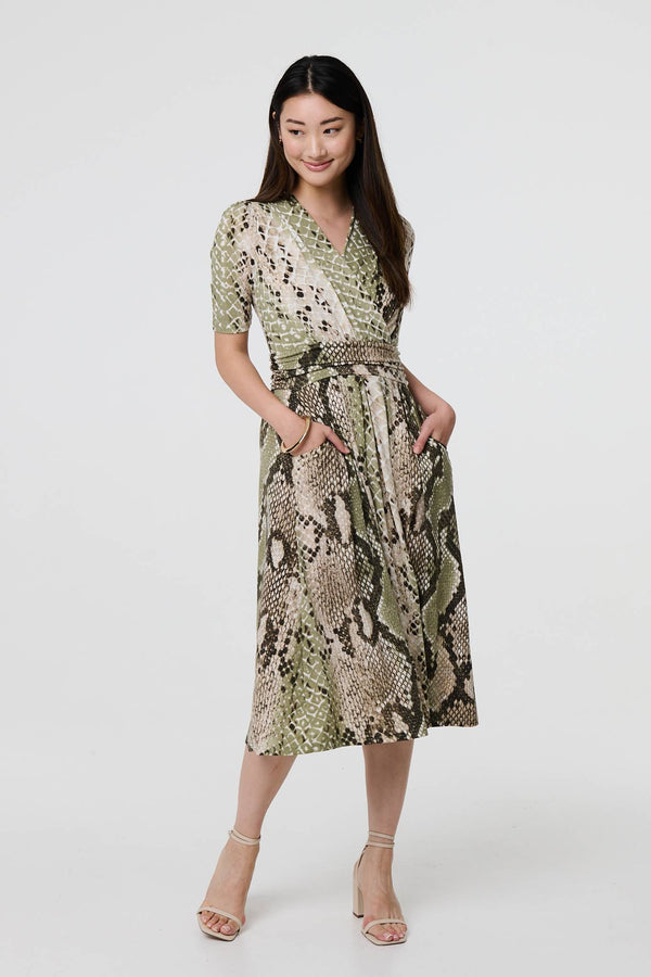 Green | Snake Print 1/2 Sleeve Jersey Midi Dress