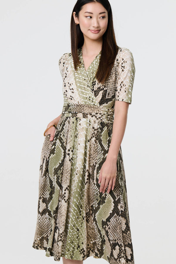 Green | Snake Print 1/2 Sleeve Jersey Midi Dress