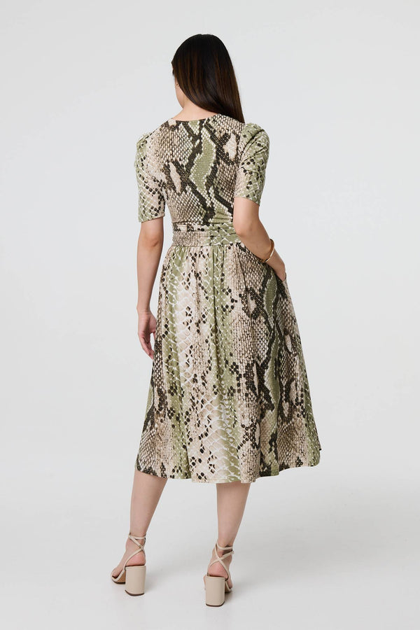 Green | Snake Print 1/2 Sleeve Jersey Midi Dress