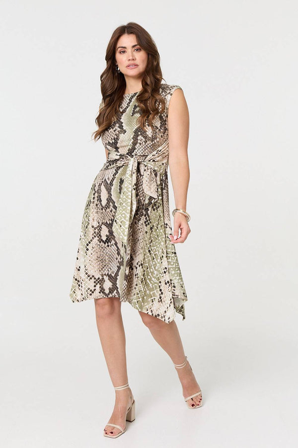 Green | Snake Print Boat Neck Hanky Hem Short Dress