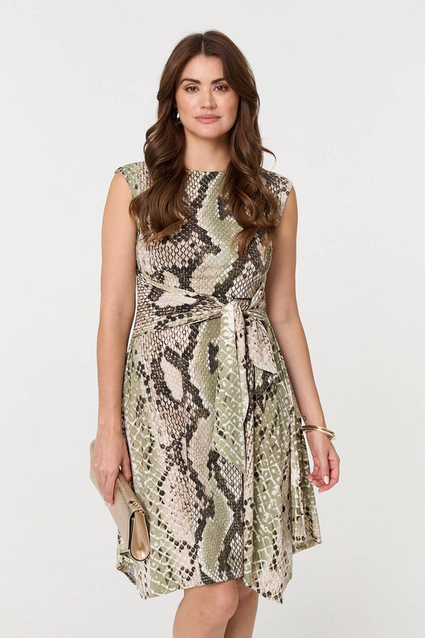 Green | Snake Print Boat Neck Hanky Hem Short Dress