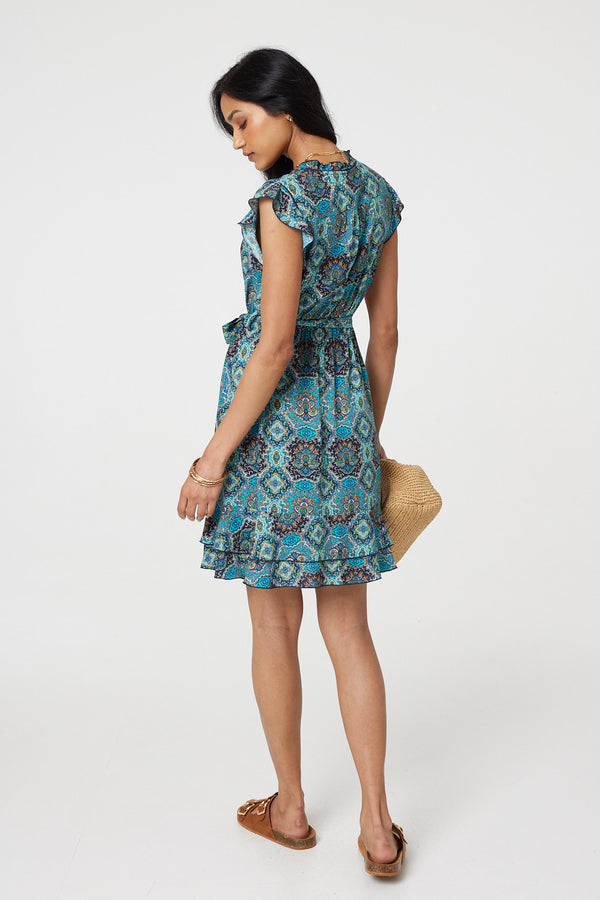 Green | Mosaic Print Frill Tie Waist Short Dress