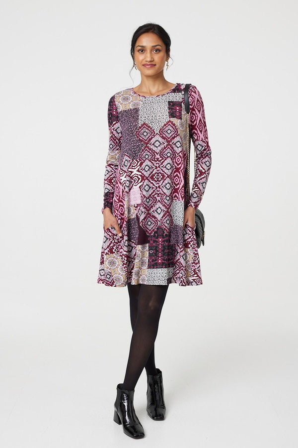 Pink | Patchwork Long Sleeve Short Swing Dress