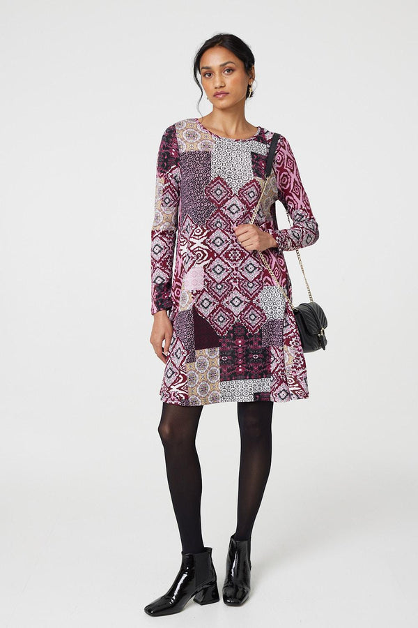 Pink | Patchwork Long Sleeve Short Swing Dress