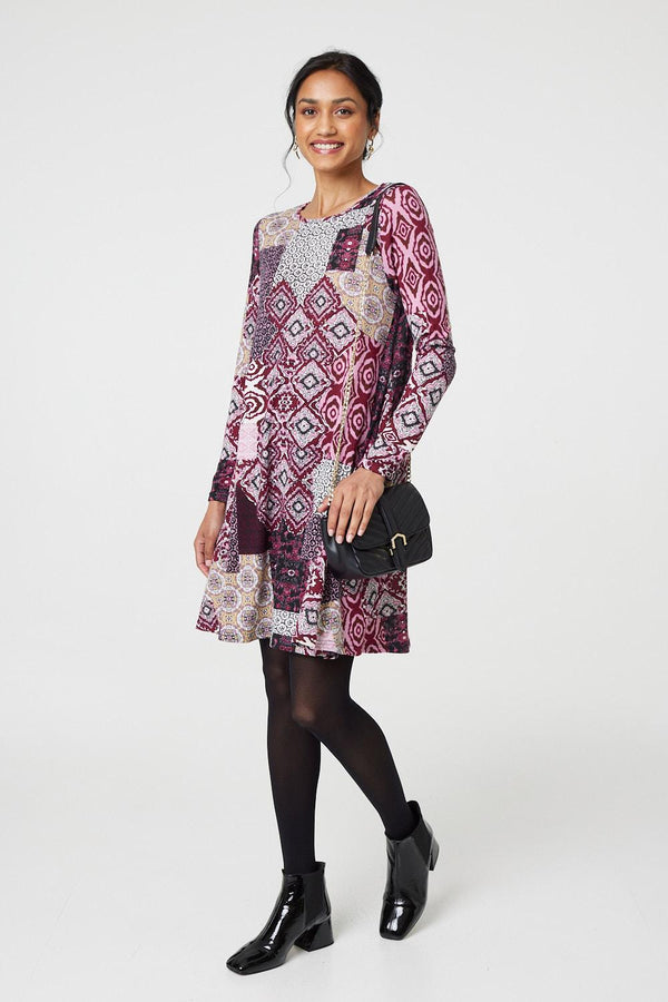 Pink | Patchwork Long Sleeve Short Swing Dress