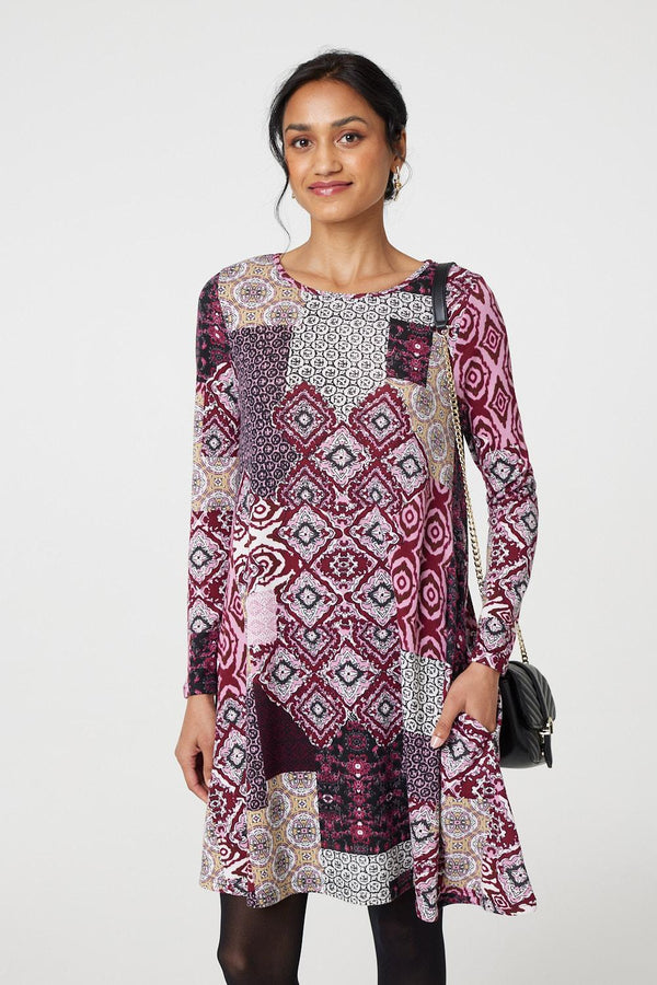 Pink | Patchwork Long Sleeve Short Swing Dress