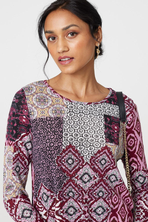 Pink | Patchwork Long Sleeve Short Swing Dress