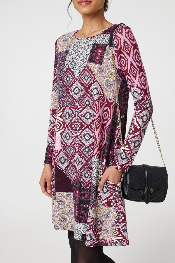 Pink | Patchwork Long Sleeve Short Swing Dress