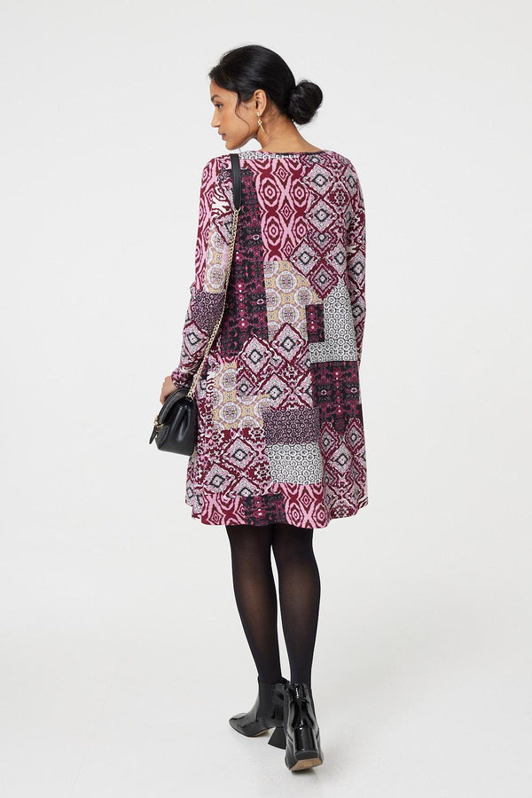 Pink | Patchwork Long Sleeve Short Swing Dress