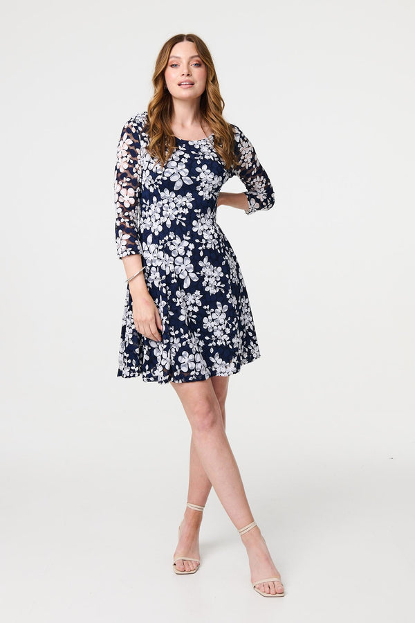 Navy | Floral Lace 3/4 Sleeve Short Skater Dress