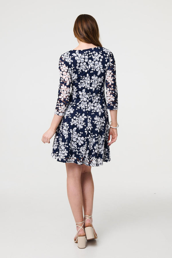 Navy | Floral Lace 3/4 Sleeve Short Skater Dress