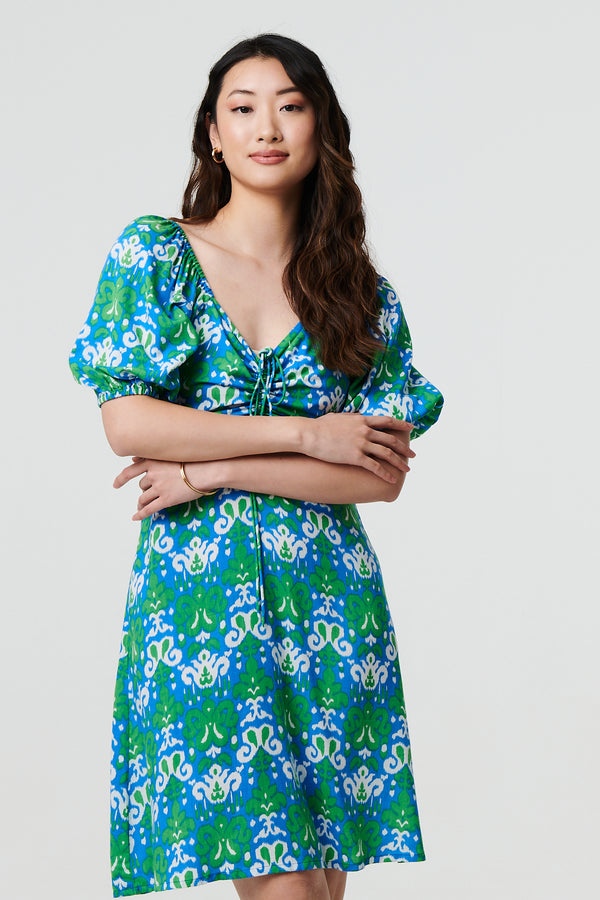 Green | Printed Tie Bardot Neck Short Dress