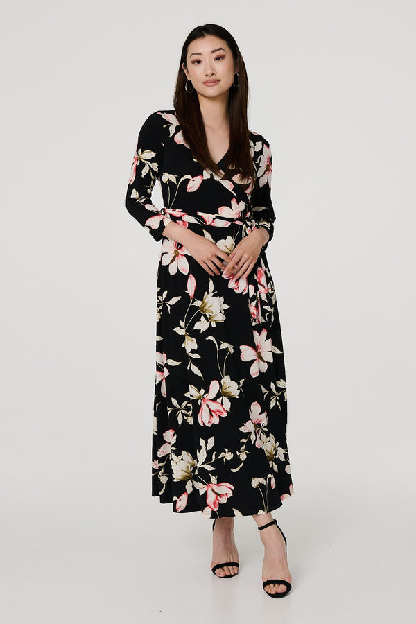 Black | Floral Tie Waist 3/4 Sleeve Maxi Dress