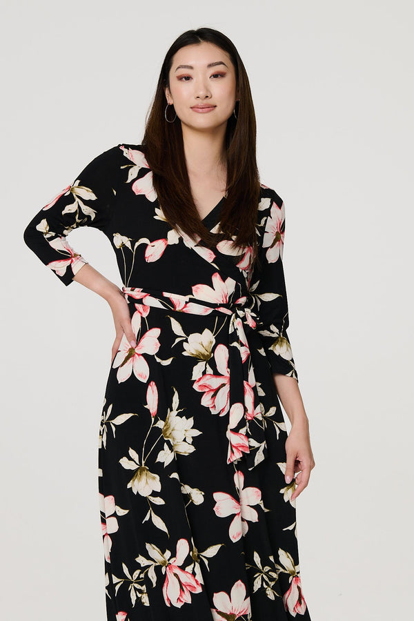 Black | Floral Tie Waist 3/4 Sleeve Maxi Dress