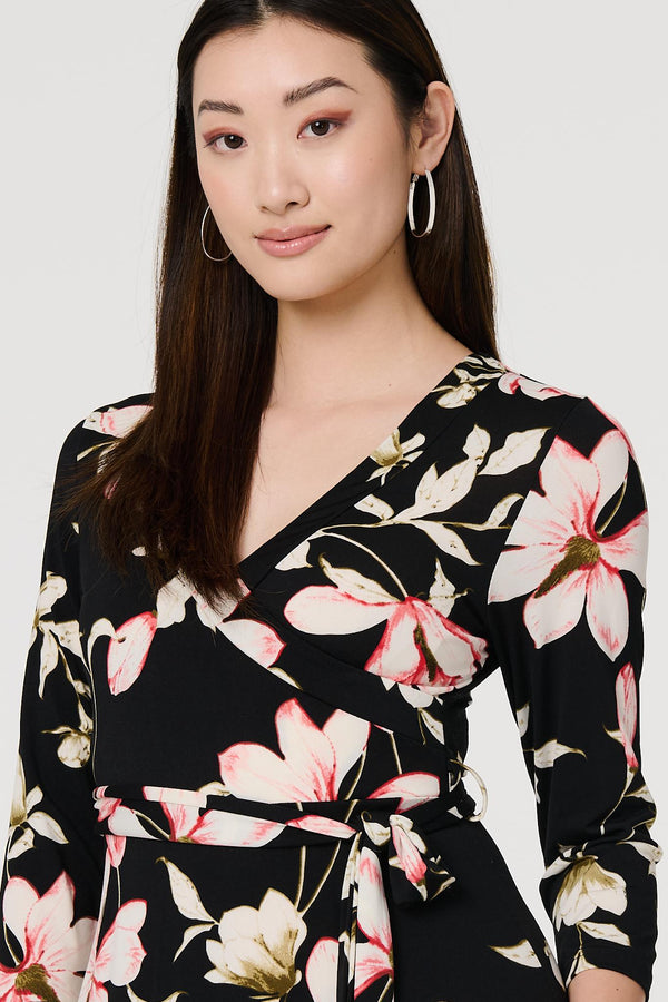 Black | Floral Tie Waist 3/4 Sleeve Maxi Dress
