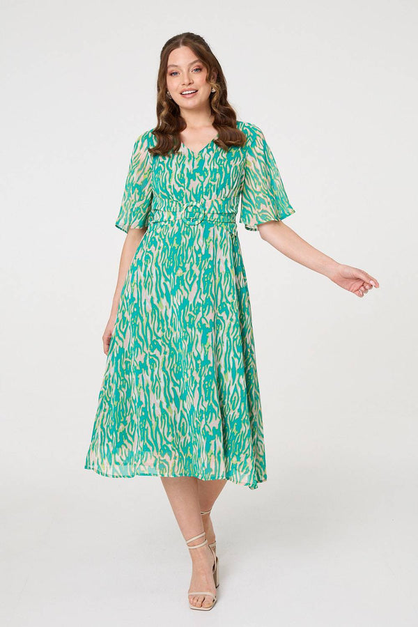 Green | Printed 1/2 Sleeve Belt Waist Midi Dress