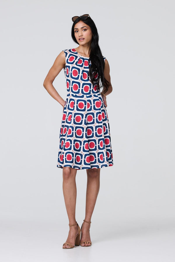 Blue | Abstract Print Sleeveless Knee Length Dress