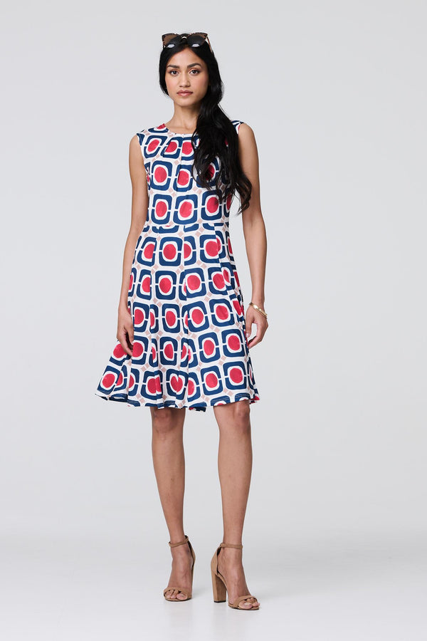 Blue | Abstract Print Sleeveless Knee Length Dress