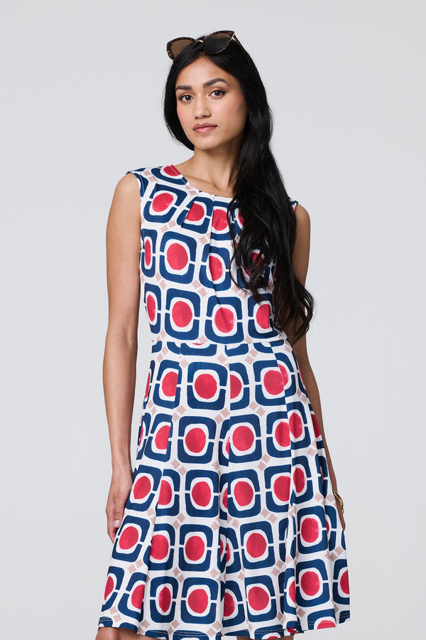 Blue | Abstract Print Sleeveless Knee Length Dress