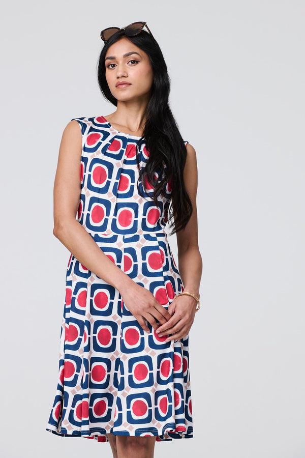 Blue | Abstract Print Sleeveless Knee Length Dress