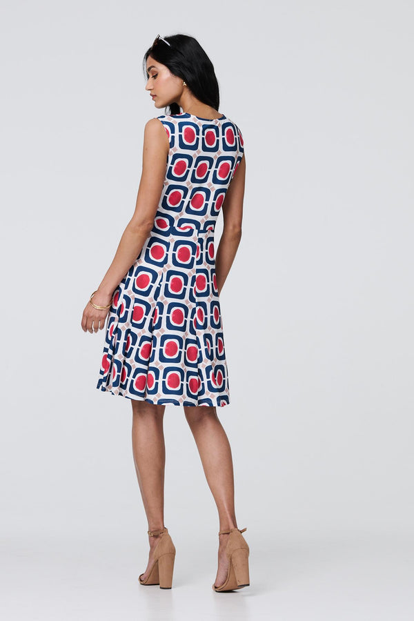 Blue | Abstract Print Sleeveless Knee Length Dress